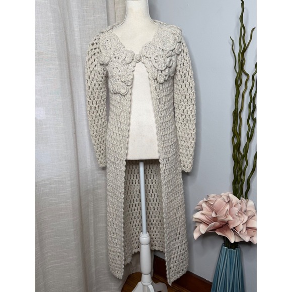 Anthropologie Far Away From Close Cardigan Sweater Duster Floral Doily Cream XS - Picture 2 of 14